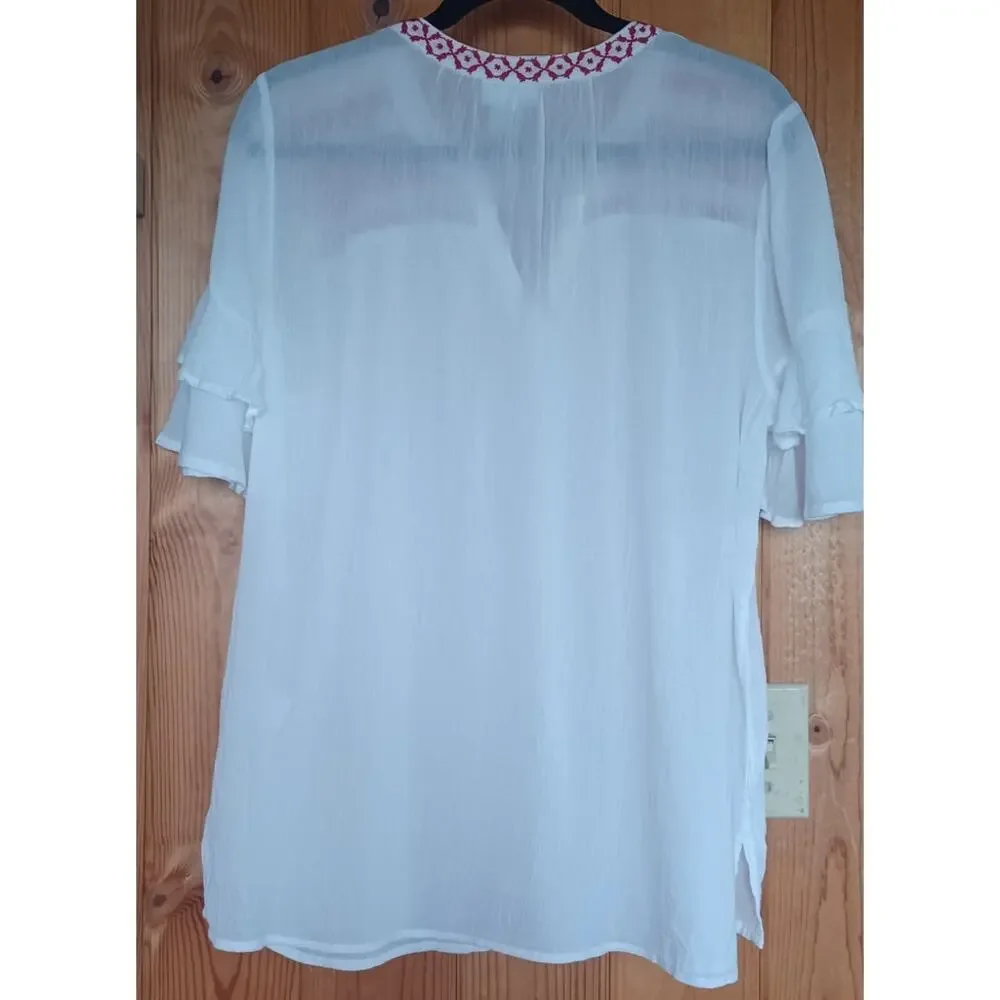 Liz Claiborne 100% White Cotton Tunic Red Embroidery Tiered Sleeves Boho Fairy - Picture 4 of 7